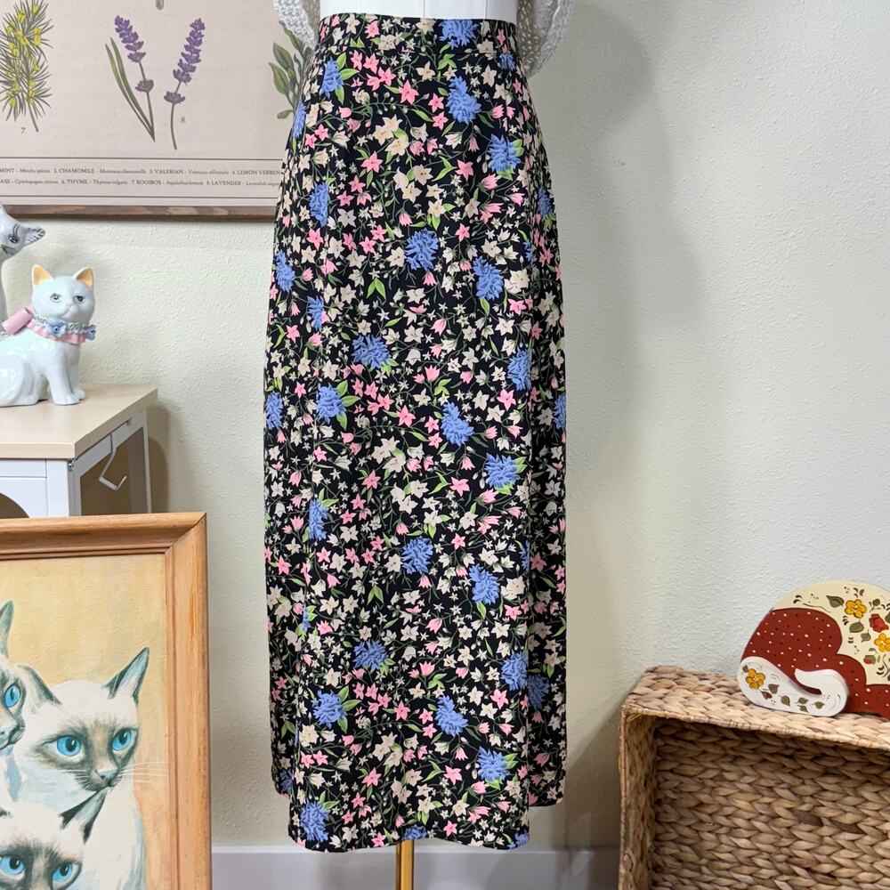 Vintage 90s Y2k Black Floral Maxi Skirt Cottage Prairie Romantic Cottagecore PM